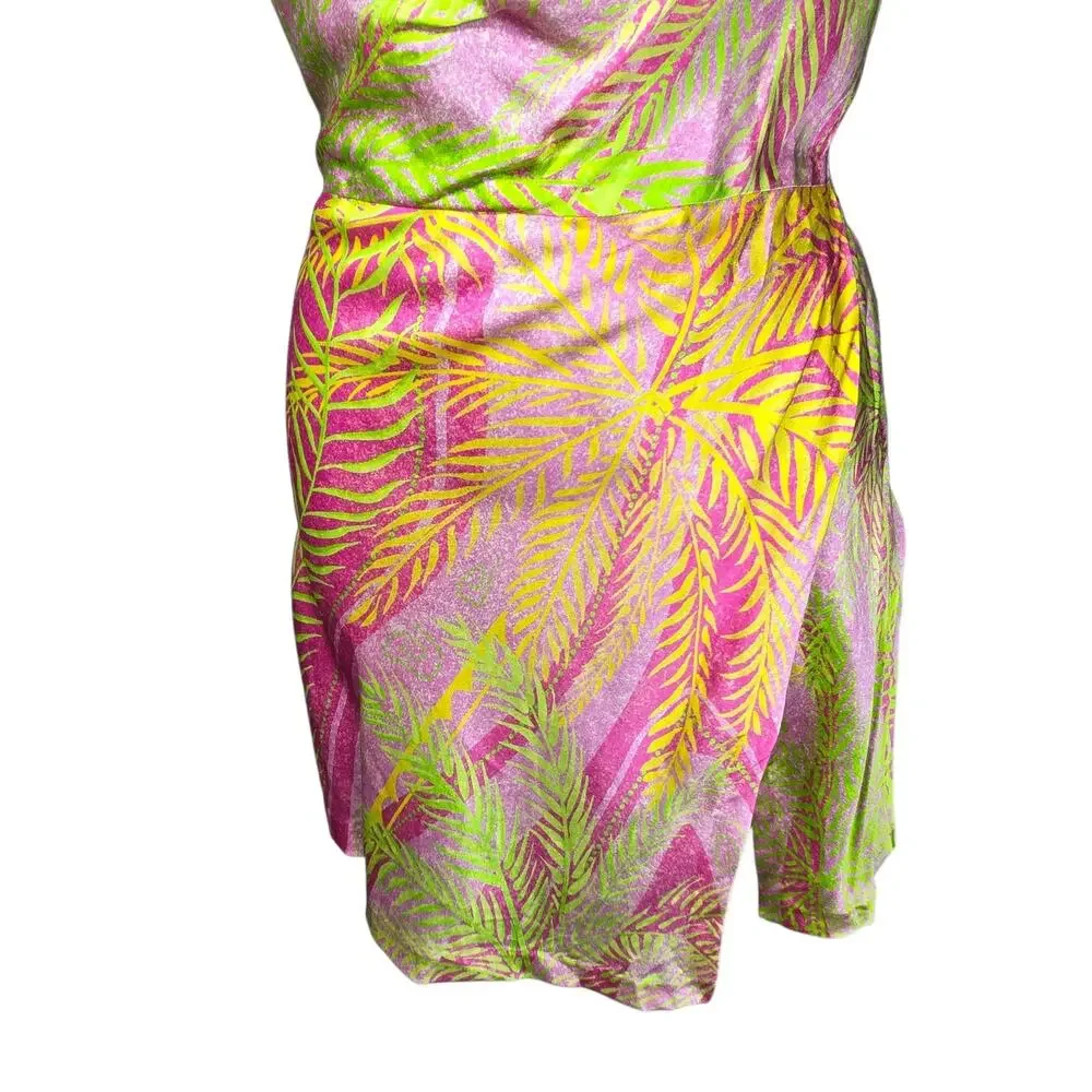Retrofete Ariella Tropical Palm Silk Mini Dress Pink XS Cowl Neck Slip Resort